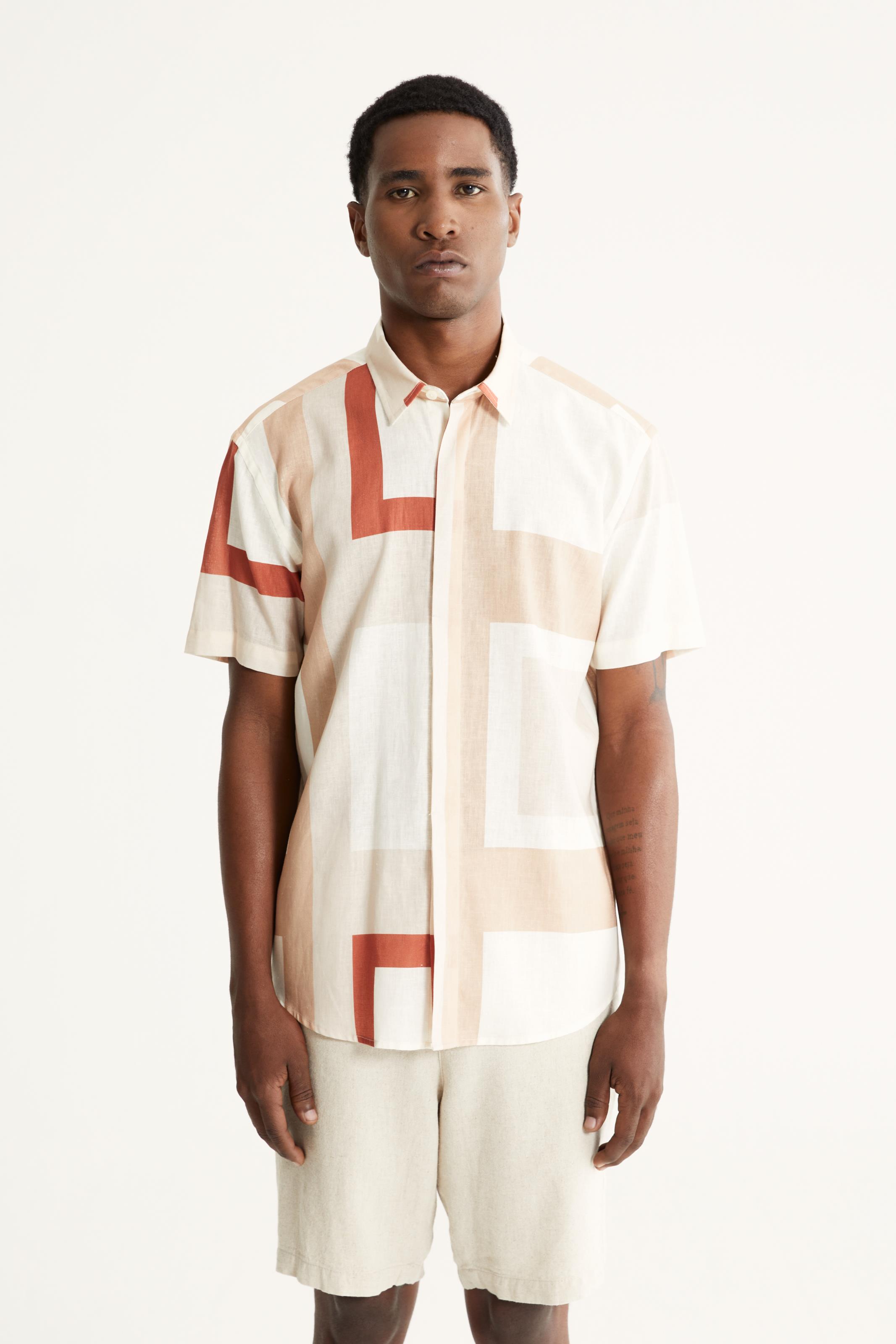 motoki tanaka linen100% シャツ Camisa Manga Curta Linho Quadra